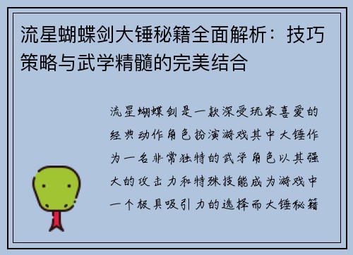 流星蝴蝶剑大锤秘籍全面解析：技巧策略与武学精髓的完美结合